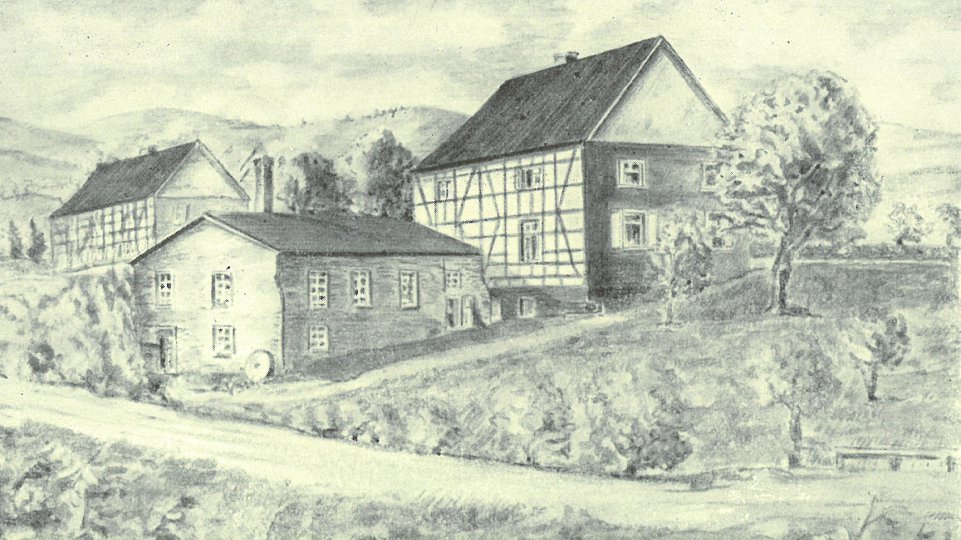 Historisches Schwarz-Weiß-Bild von Stammhaus aus dem Jahr 1840.