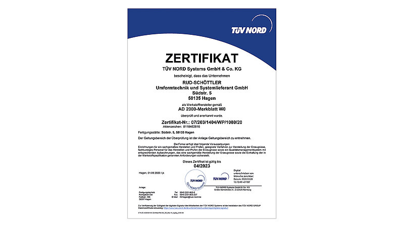 Zertifikat Werkstoffhersteller gemäß AD 2000-Merkblatt W0.