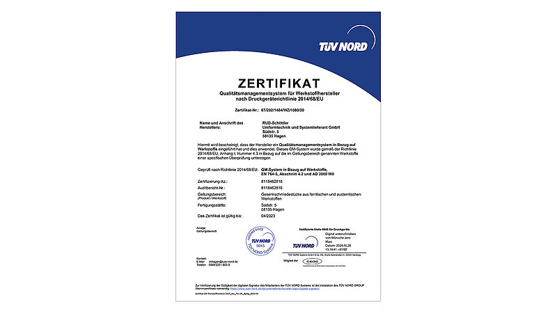 Zertifikat Qualitätsmanagementsystem nach Druckgeräterichtlinie 2014/68/EU.