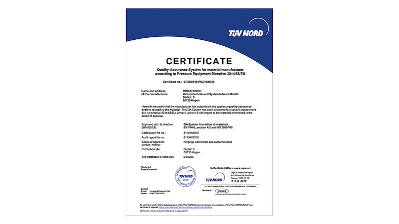 Certificate quality-assurance system according to pressure equipment directive 2014/68/EU.